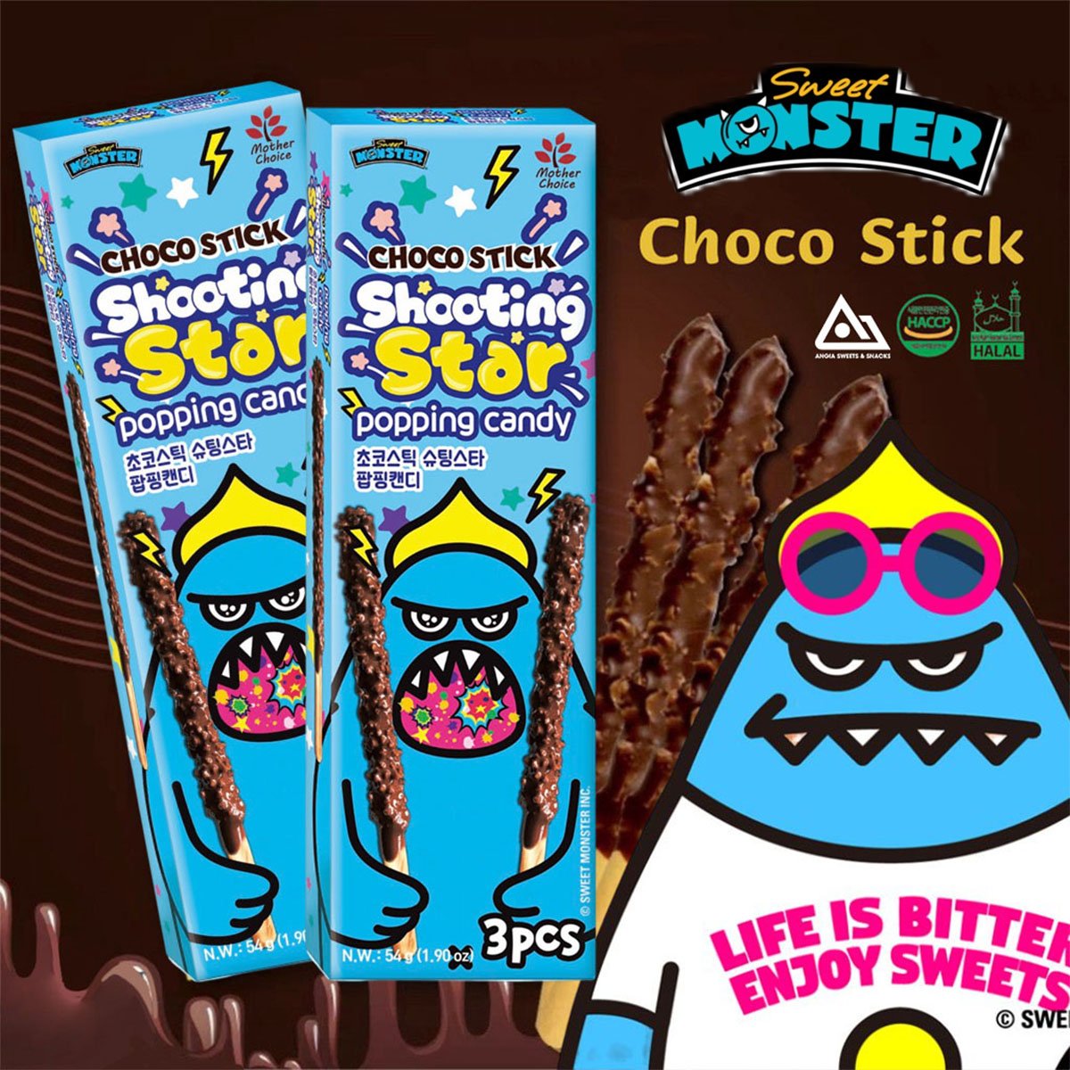 Kẹo que socola Sweet Monster Choco Stick Shooting Star Popping Candy bọc Kẹo nổ ăn vặt 54g An Gia Sweets Snacks