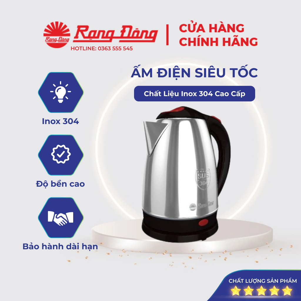 Ấm điện siêu tốc 1,8 lít rạng đông inox 304 cao cấp, model rd-ast18st2