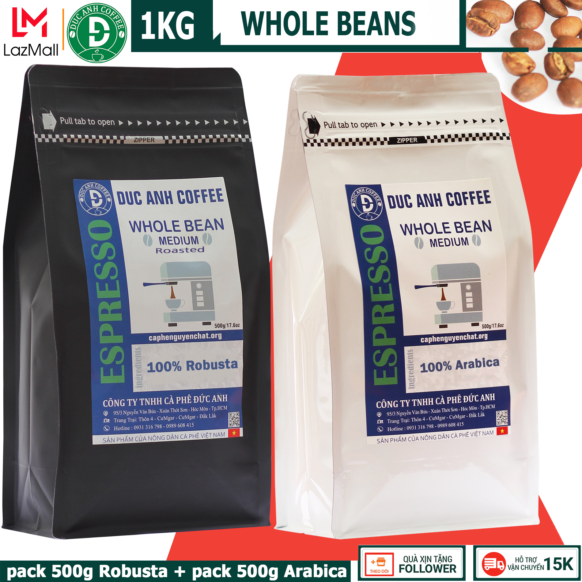 [international Version] 1kg whole bean coffee for espresso (pack 500g ARABICA + pack 500g ROBUSTA) Products of Vietnamese coffee farmers - DUC ANH COFFEE  VIETNAMESE BRAND