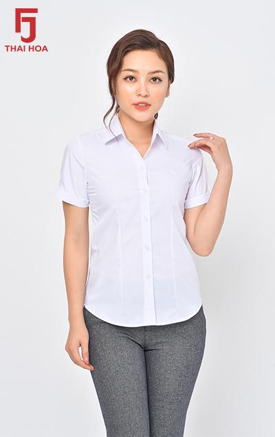 Áo sơ mi nữ ngắn tay trơn thái hòa n047-01