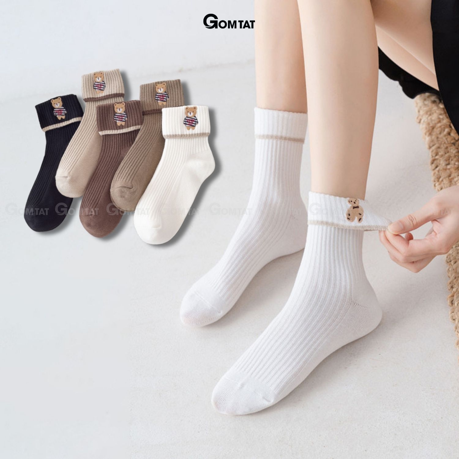 Set 5 đôi tất cổ trung nữ gomtat mẫu cổ gập hình thú, chất liệu mềm mịn thoáng mát - lisu21-caocap-gaucogap