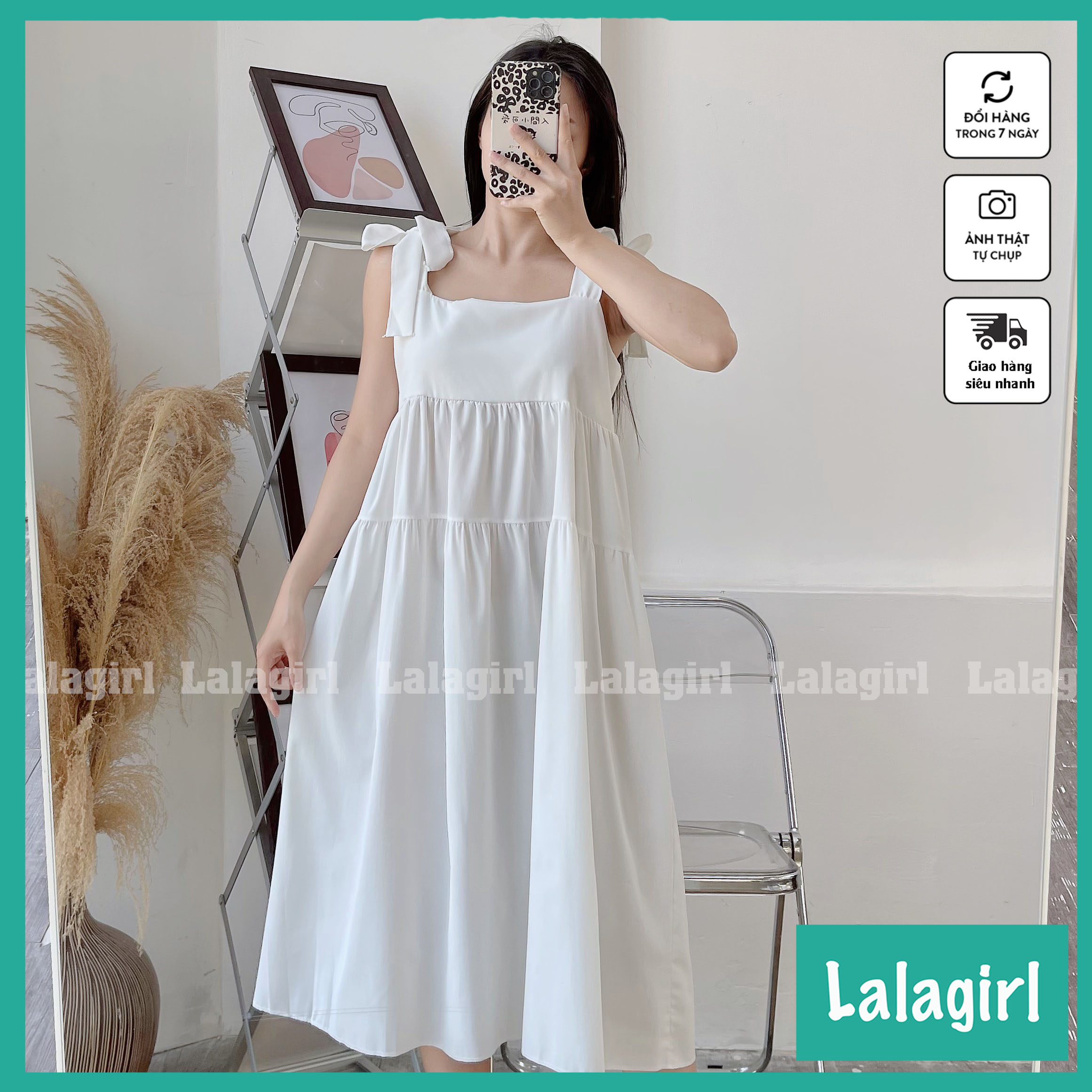 Váy đầm nữ 2 dây bản to buộc nơ 3 tầng, váy nữ babydoll trơn dáng dài 2 màu