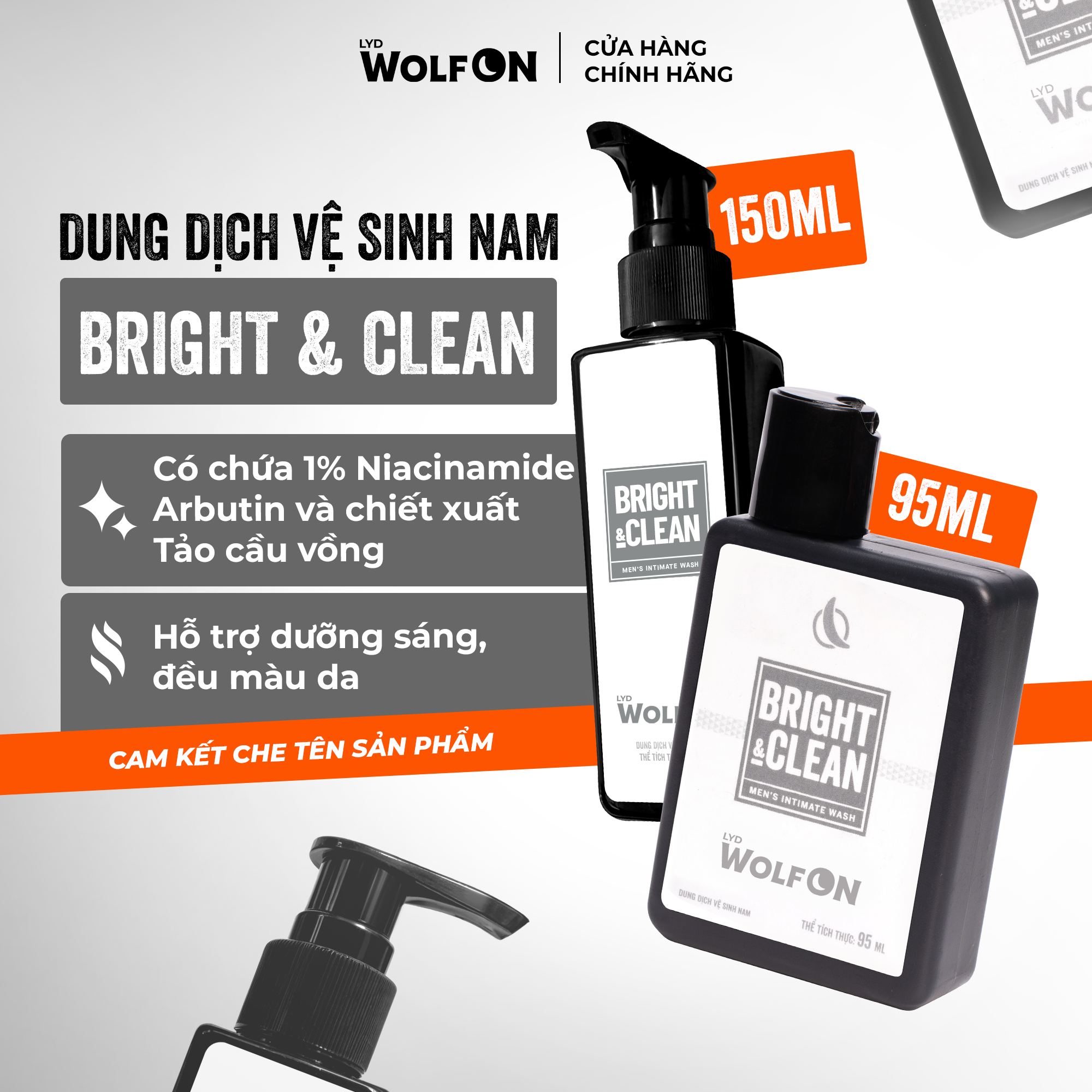  Dung Dịch Vệ Sinh Nam Giới Wolf ON Bright & Clean Dưỡng Sáng  Niacinamide Sạch Thơm Nam Tính 95ml 