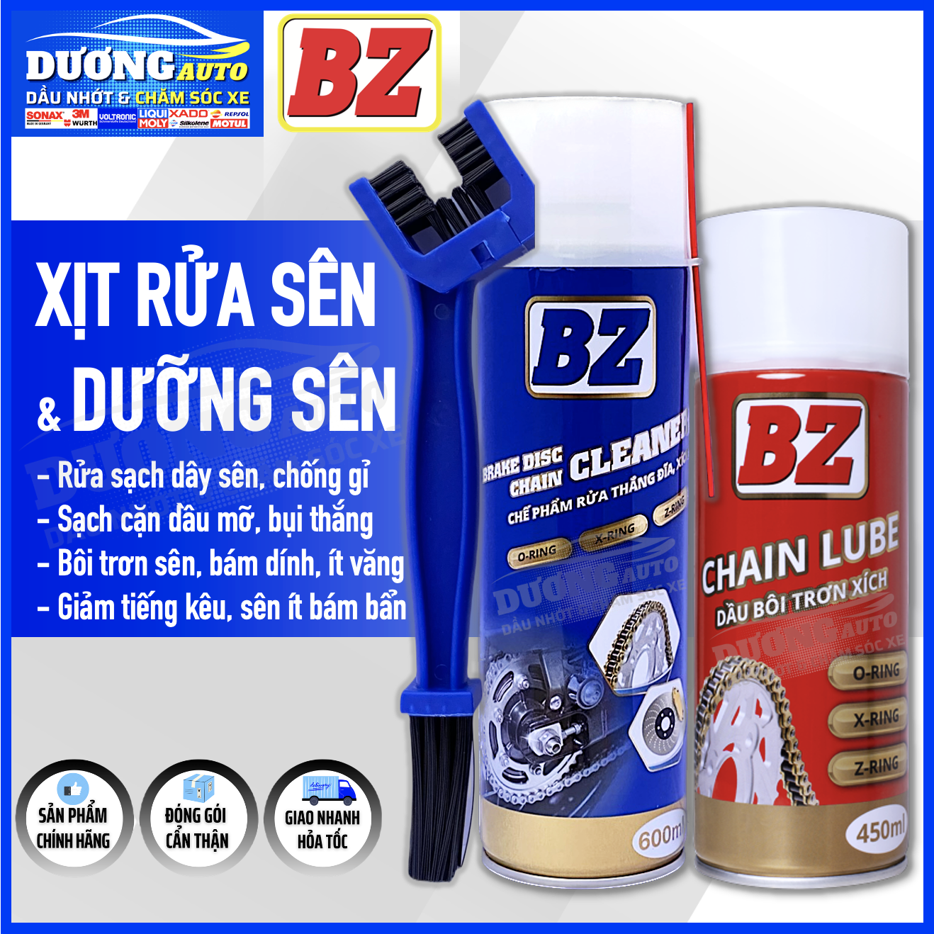 Combo xịt rửa sên bz & dưỡng sên bz , chai xịt rửa sên và bố thắng – bz brake chain cleaner 600ml , dầu bôi trơn xích – bz chain lube 450ml