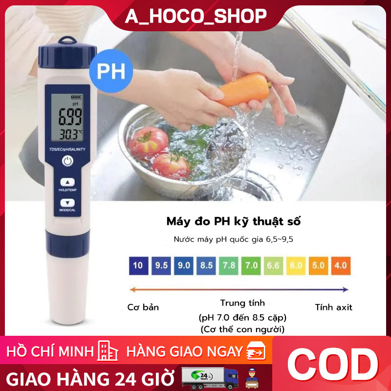 Máy đo độ mặn và độ ph 5 trong 1, dùng để làm vườn và đo độ ph/tds/ec/độ mặn/nhiệt độ