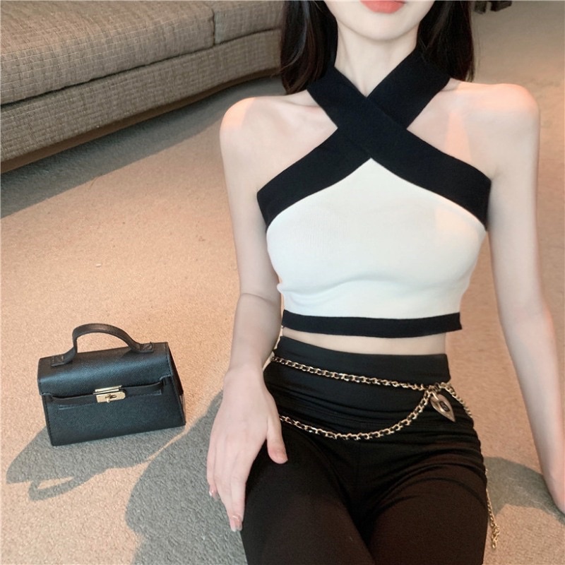 Áo yếm chéo cổ xinh phối màu mc9 / áo yếm dây đen chéo cổ gợi cảm