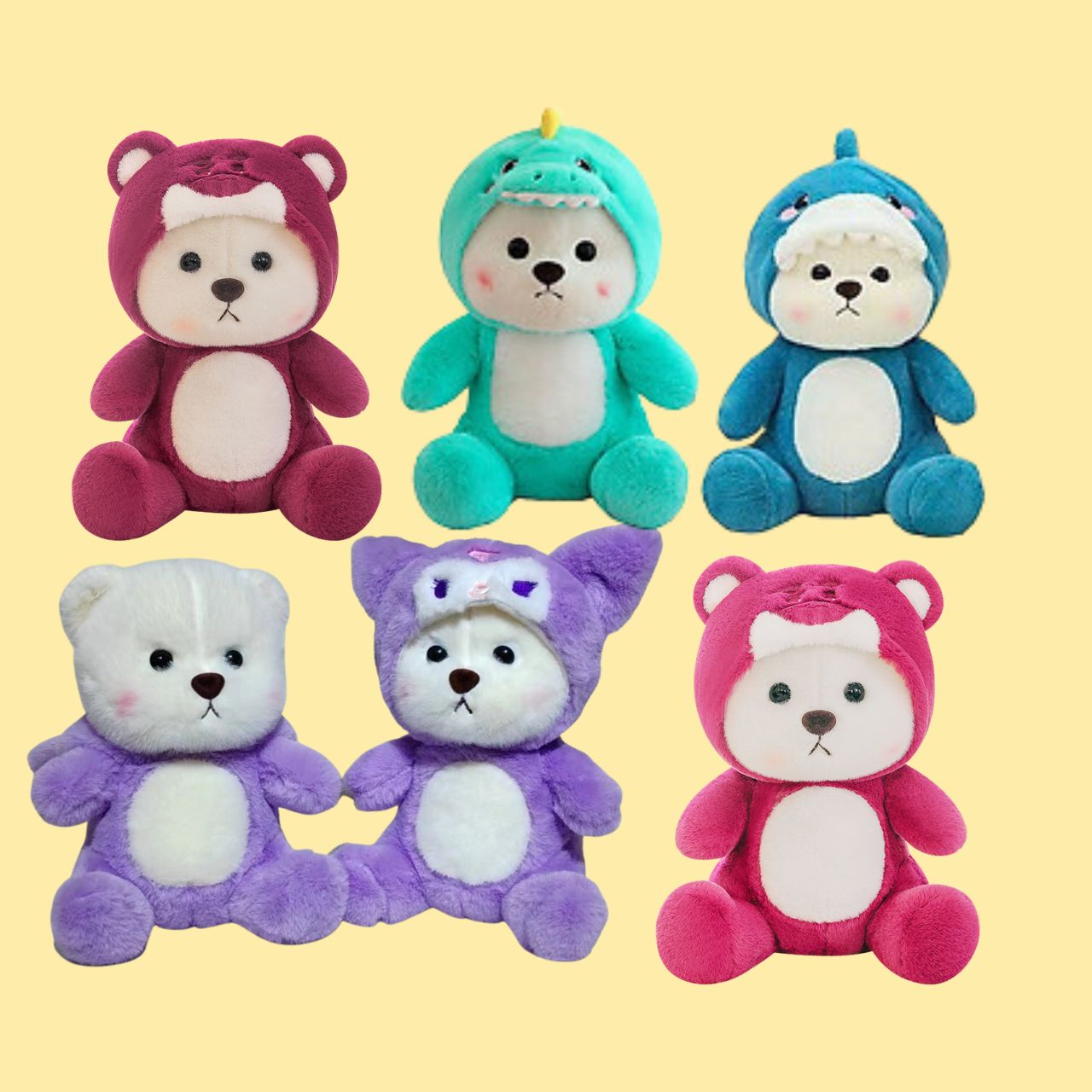 Gấu bông Lena đội mũ gấu dâu ngồi đáng yêu, Gấu teddy trắng cosplay gấu dâu cute