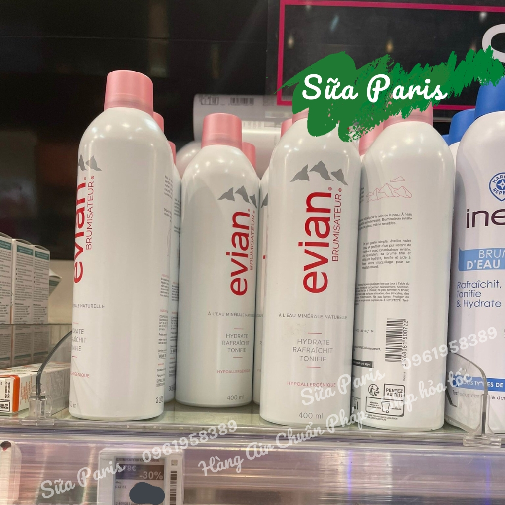 Xịt khoáng evian chai 400ml, bản nội địa pháp, bil đầy đủ- dưỡng da, cân bằng da, chăm sóc da tốt hơn.