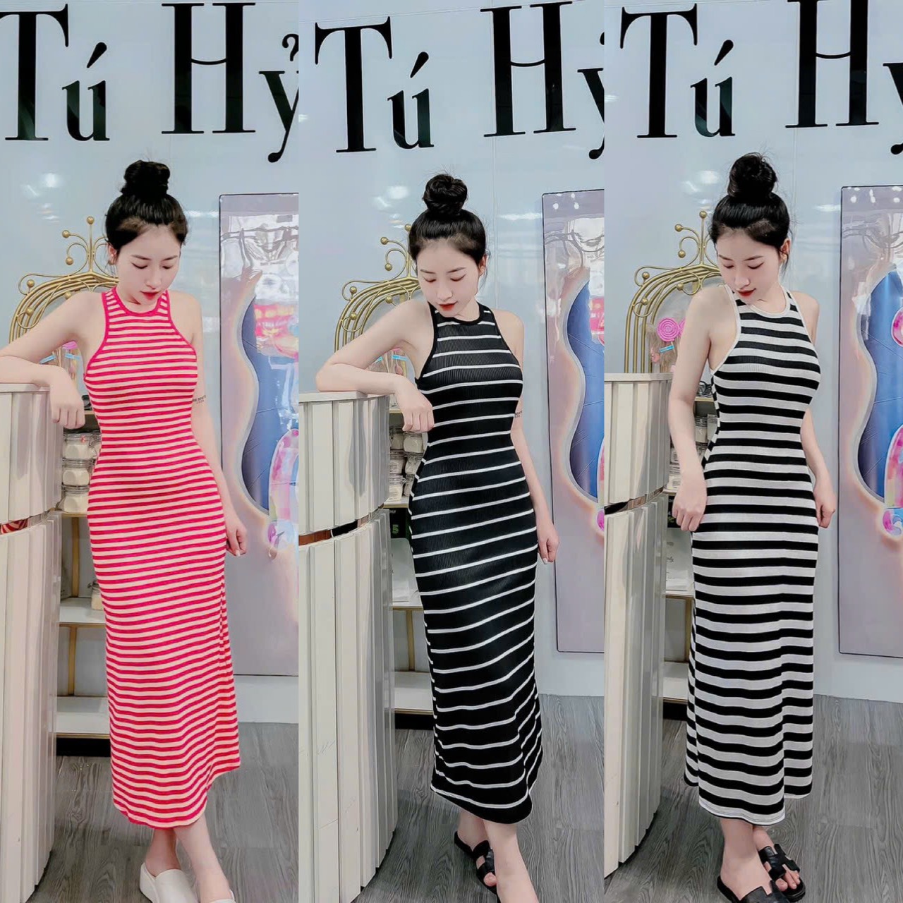 Váy đầm nữ body sọc ngang sát nách ôm dáng nhiều màu