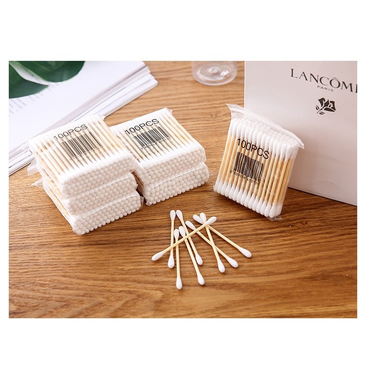 Bịch 100 tăm bông ngoáy tai thân gỗ cứng cáp đầu tròn  (loại tốt)