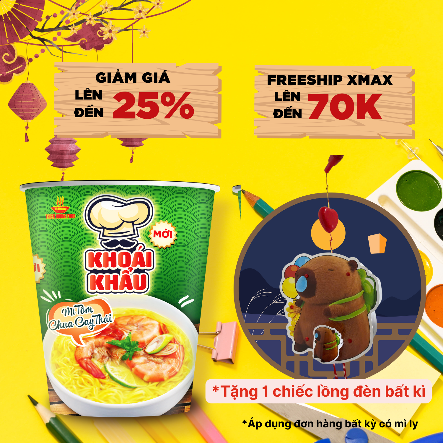 Thùng 24 ly mì tôm chua cay thái khoái khẩu 65gr/ly