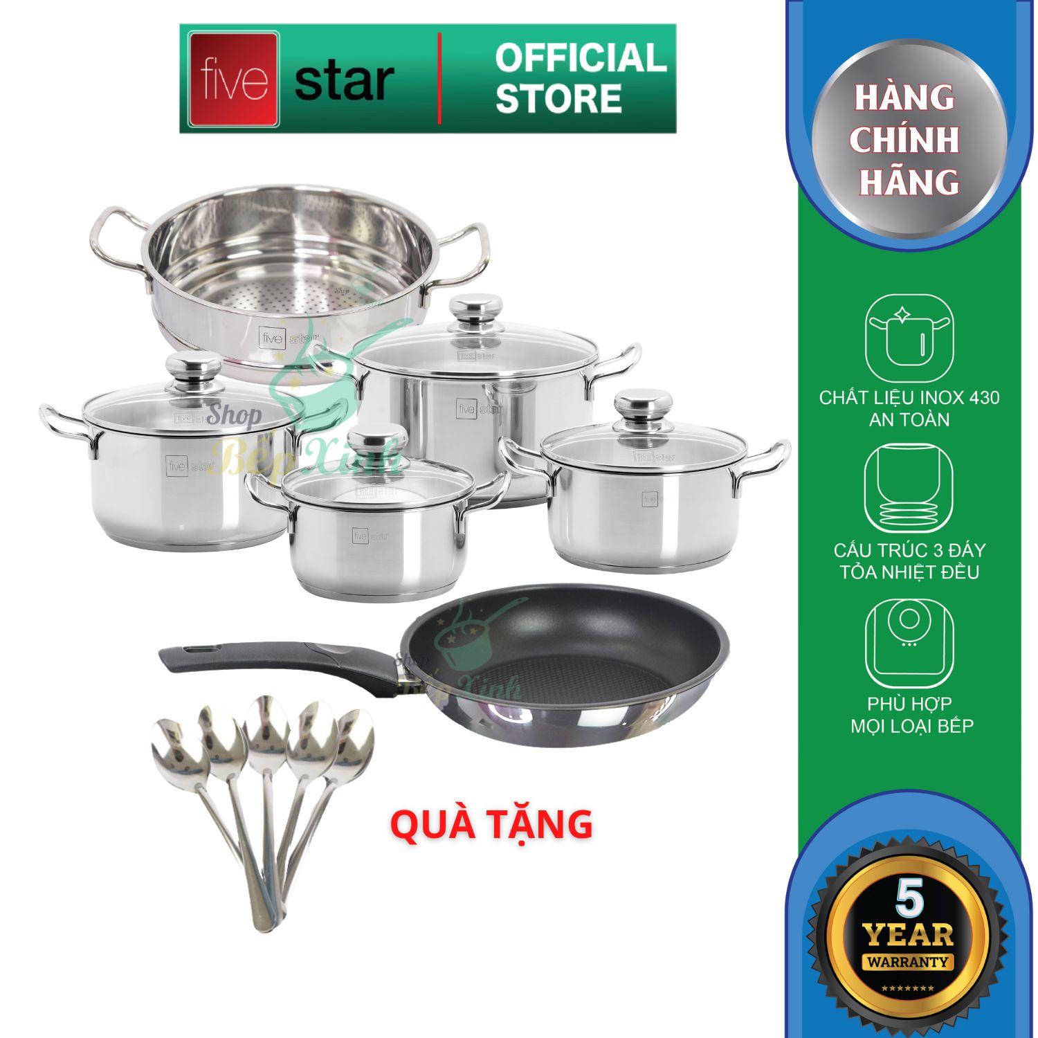 Bộ nồi xửng chảo 3 đáy inox 430 FiveStar Standard 6 món bếp từ nắp kính , tặng 5 muỗng ăn