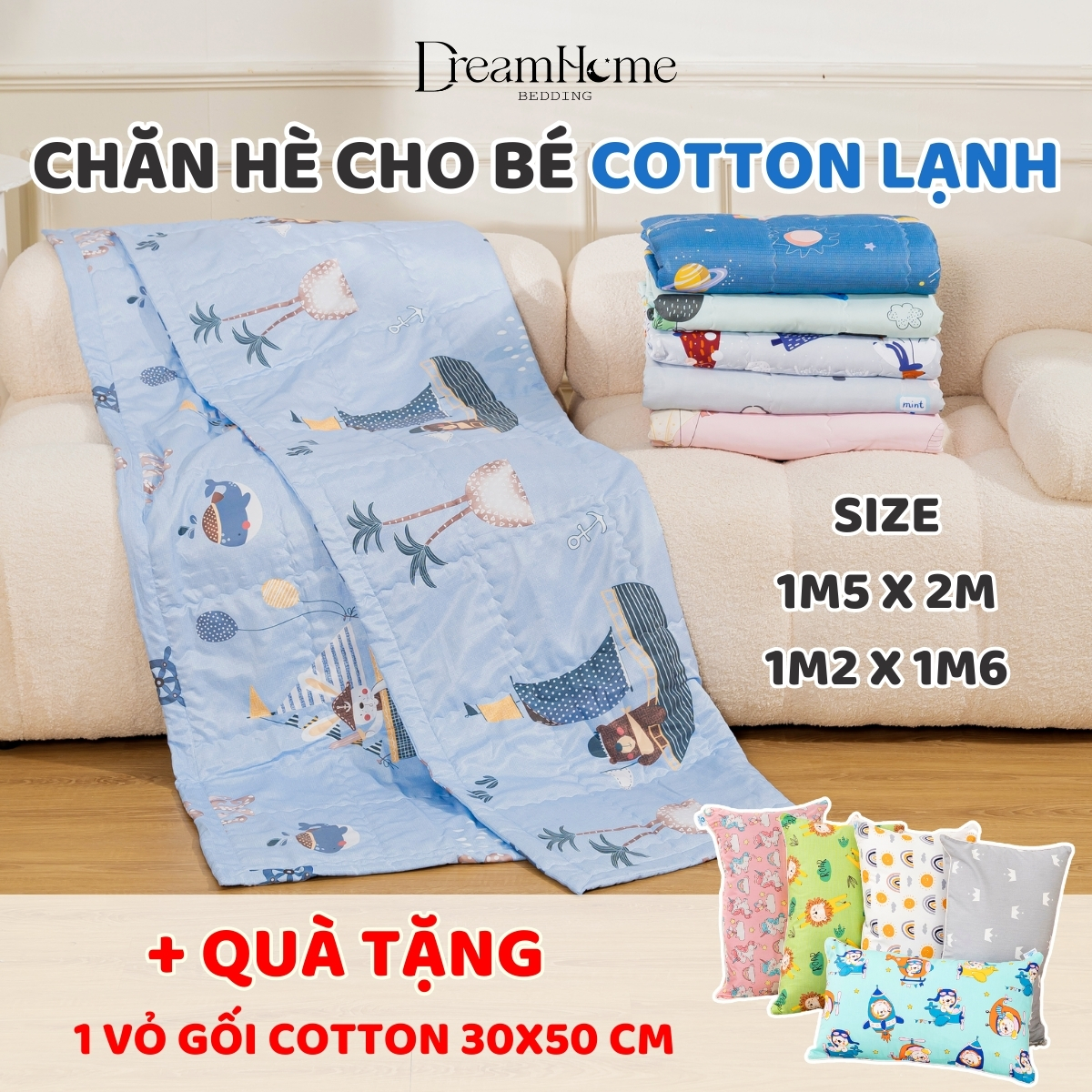 Chăn cho bé đi học cotton lạnh 1m2x1m6 1m5x2m, chăn trẻ em mỏng mát đắp mùa hè có trần bông nhỏ gọn DREAMHOME