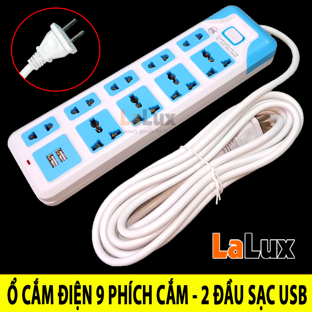 Ổ Cắm Đa Năng CYX 315U - Ổ Cắm Điện Thông Minh Chống Giật 9 Phích Cắm - 2 Cổng Sạc USB - Dây Dài 5 Mét - Gia Dụng Thông Minh LALUX