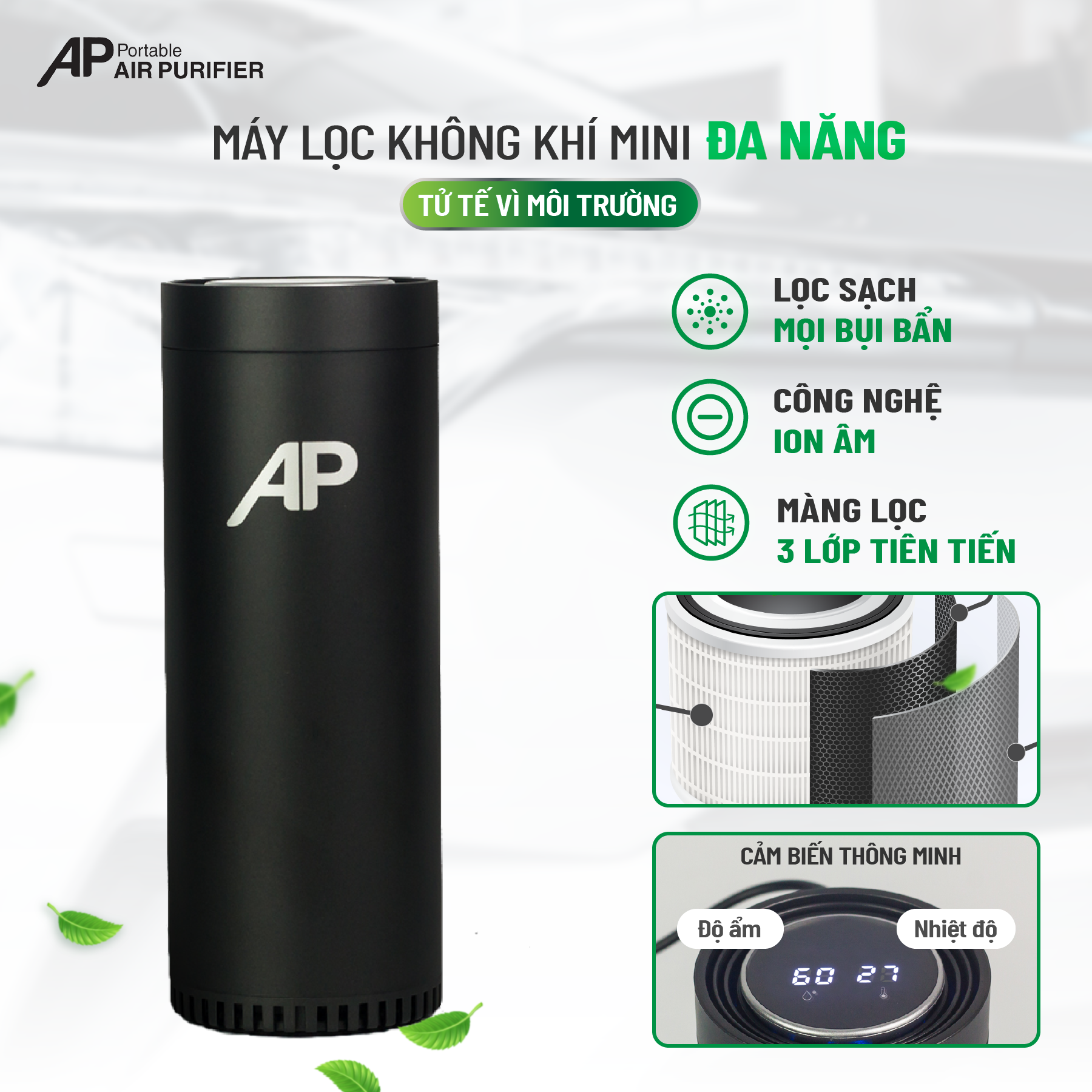 Máy Lọc Không Khí Ô Tô AP - Lọc Không Khí Và Khử Mùi Ô Tô, Xe Hơi, Văn Phòng, Phòng Ngủ với Lõi Lọc 3 Lớp Cải Tiến
