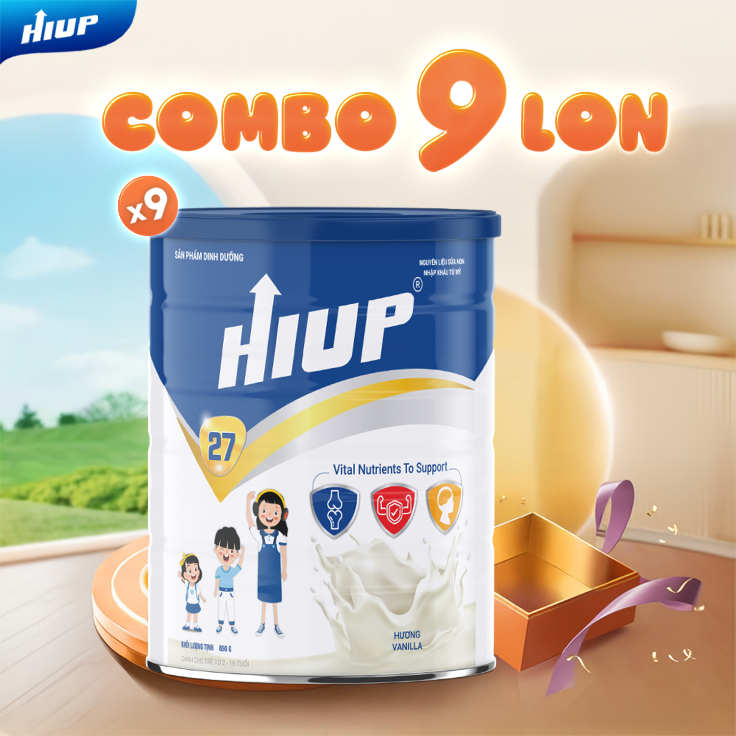 Combo 9 Hộp Sữa HIUP 650g Cho Trẻ Từ 2 - 15 Tuổi Bổ Sung Canxi, DHA, Vitamin D3 K2, Protein, Sữa Bột Tăng Chiều Cao Cho Bé Hàng Chính Hãng - NOT VAT
