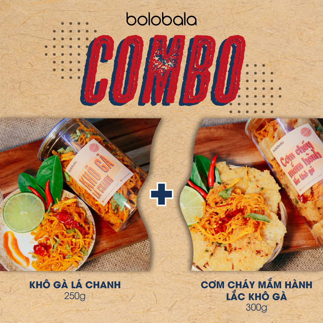 Khô gà lá chanh 250g + cơm cháy khô gà 300g ngon mê ly - freeship – ăn vặt bolobala