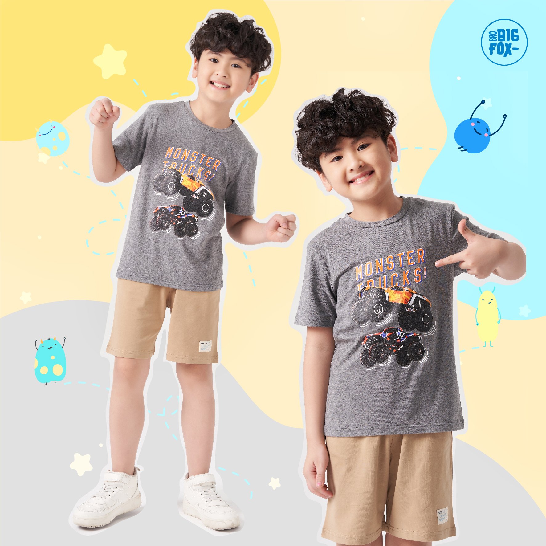 Áo bé trai BIGFOX - MISS MEOW size đại, áo thun cho bé chất cotton phong cách Âu Mỹ hình in ghi đậm Monster Truck 11 - 40 kg QATE