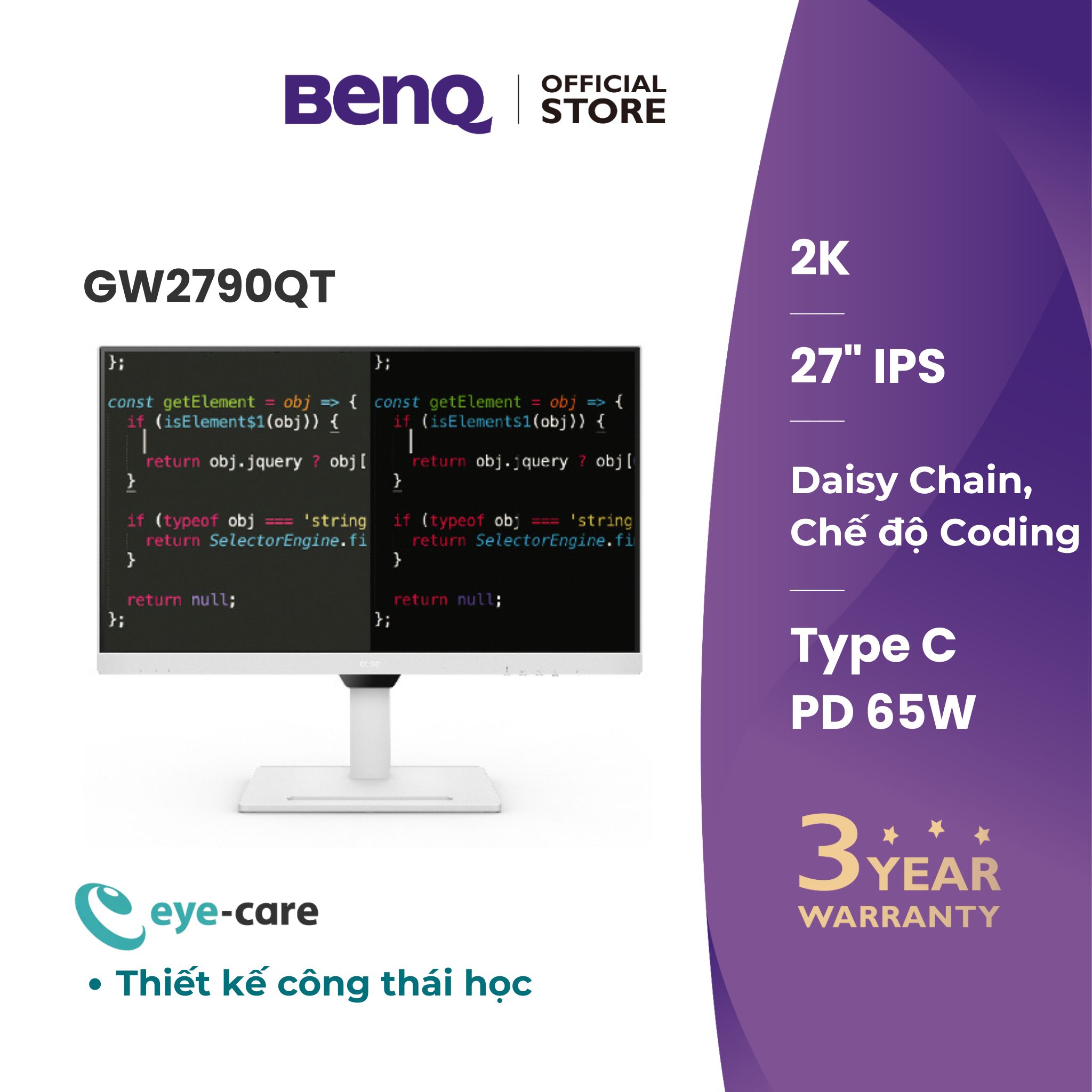 Màn hình máy tính BenQ GW2790QT _ bảo vệ mắt công thái học 27 inch 2K QHD USB-C phù hợp làm việc văn phòng và giải trí