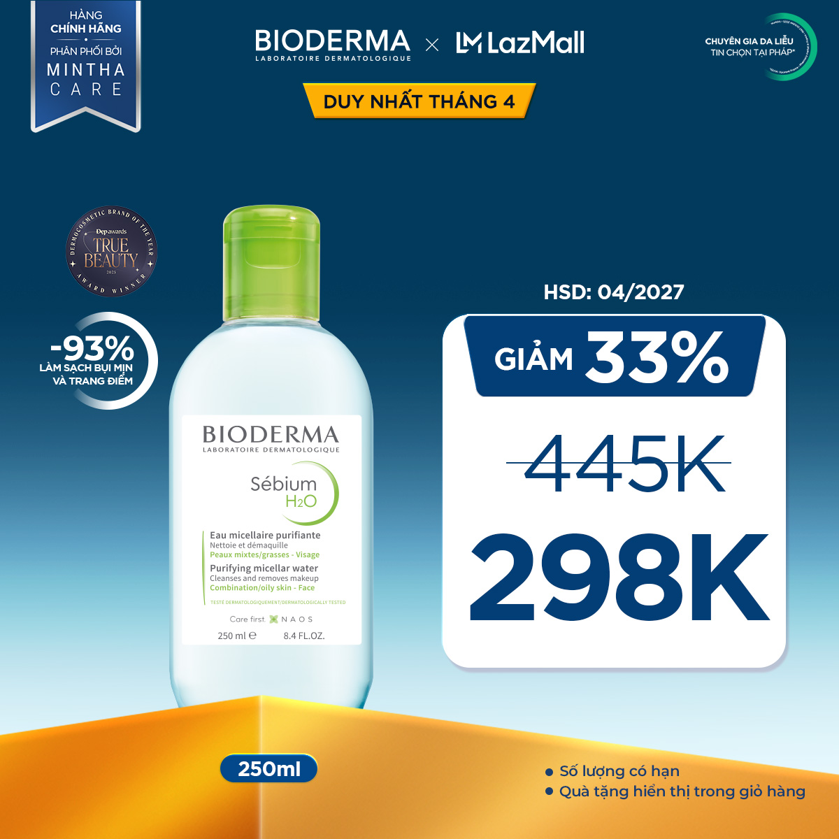 Dung dịch làm sạch và tẩy trang Micellar cho da hỗn hợp và da dầu Bioderma Sebium H2O - 250ml