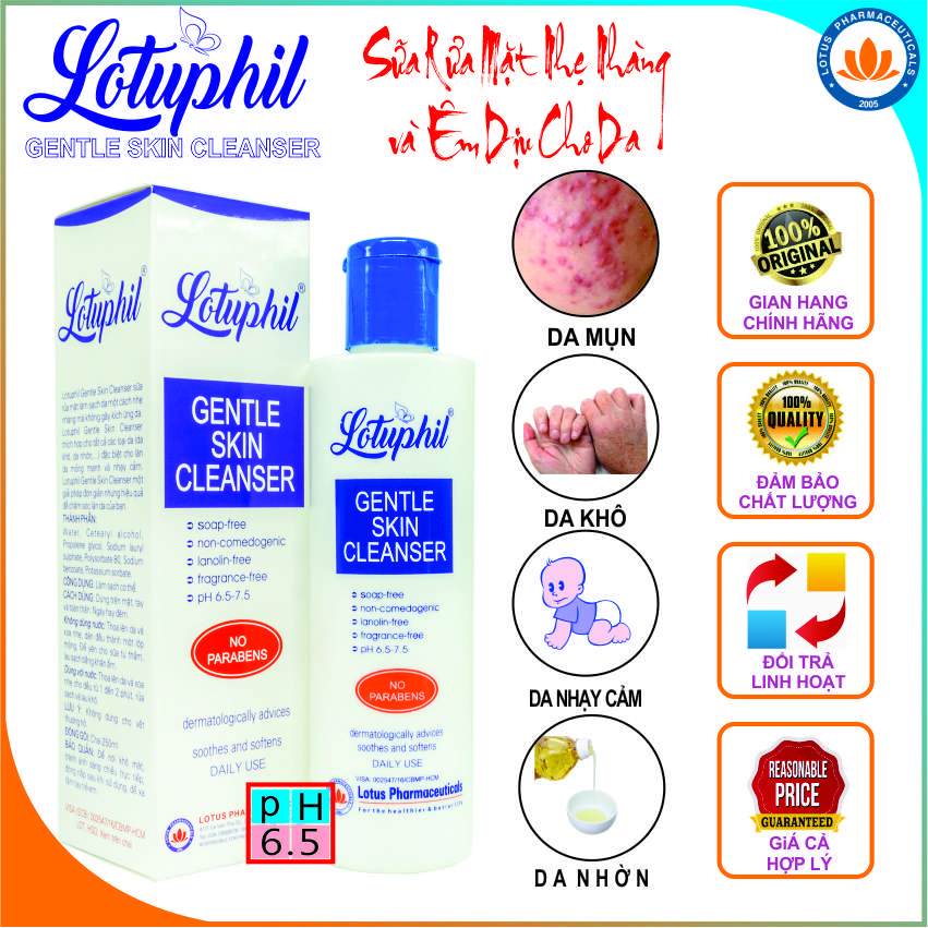 Lotuphil Gentle Skin Cleanser 250ml - Sữa rửa mặt dịu êm ngăn ngừa mụn thích hợp cho da nhờn da khô da nhạy cảm – LOTUS PHARMACEUTICALS.