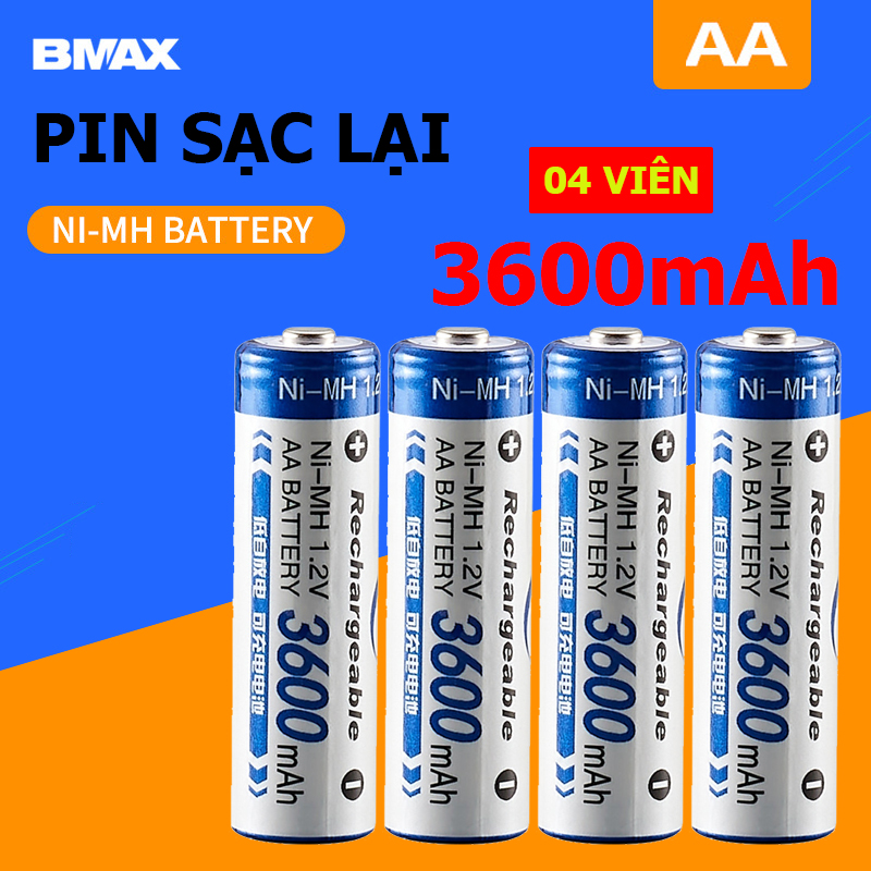 [Hộp 4 viên] Pin tiểu AA sạc lại Bmax 3600mAh dung lượng thực - Pin công suất cao chuyên dùng cho micro, máy ảnh