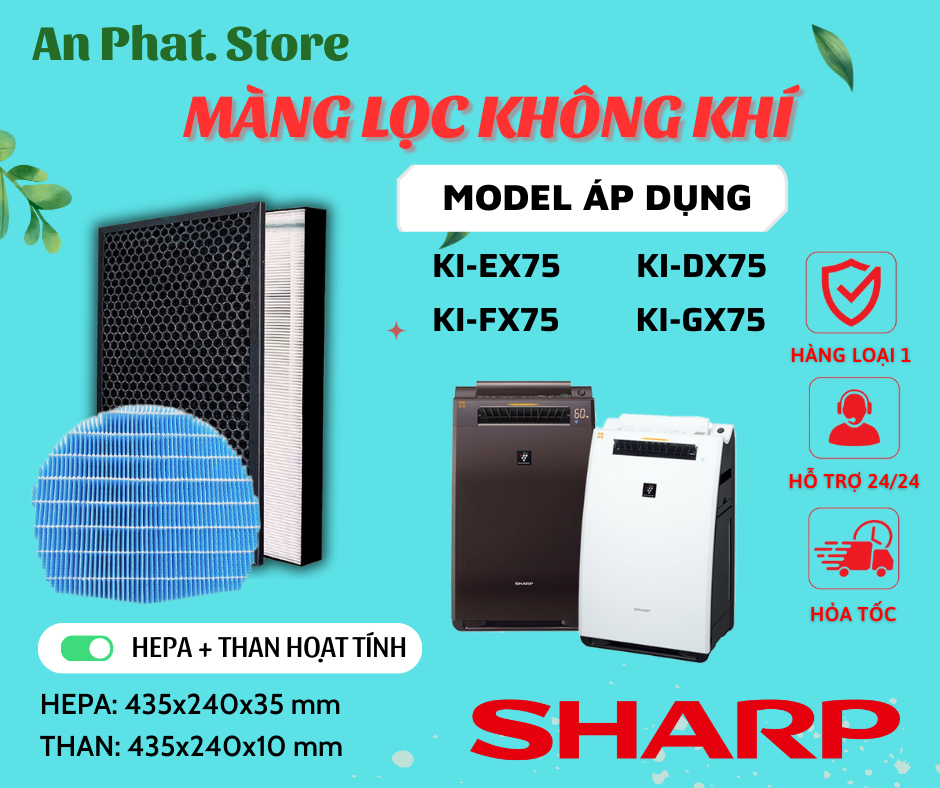 Màng lọc không khí sharp: ki-ex75, ki-dx75, ki-fx75,... màng lọc hepa, màng lọc than hoạt tính, màng lọc sharp cánh buồm nội địa nhật