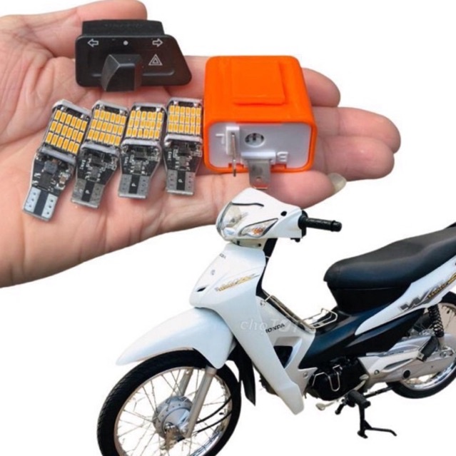 Công tắc hazard xe wave + 4 xi nhant15 + cục chớp xi nhan gắn xe wave