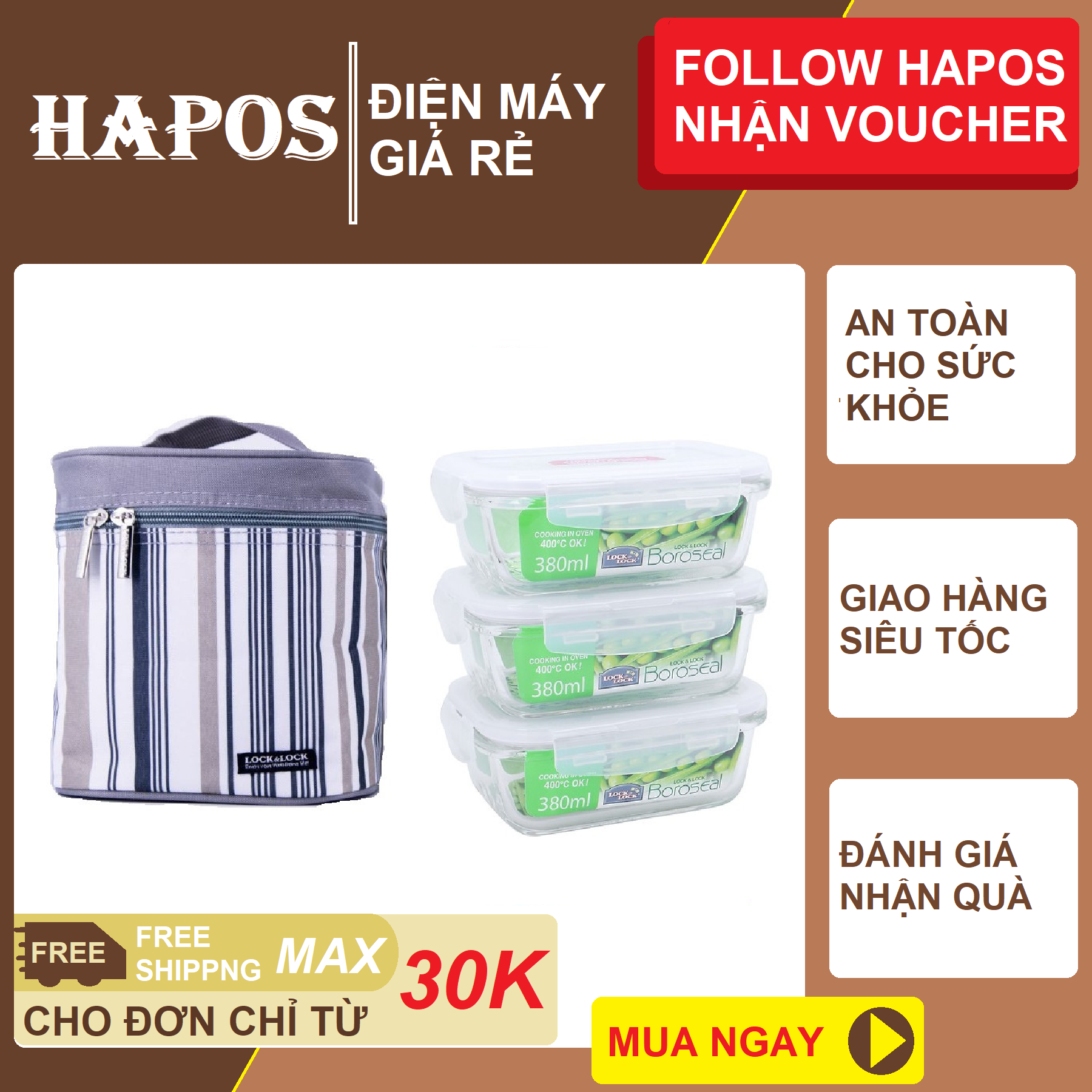 Bộ hộp đựng cơm thuỷ tinh lock&lock có túi llg422s3 kèm bình đựng nước thuỷ tinh