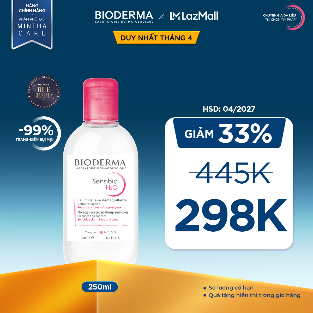 Dung dịch làm sạch và tẩy trang micellar cho da thường và da nhạy cảm Bioderma Sensibio H2O - 250ml