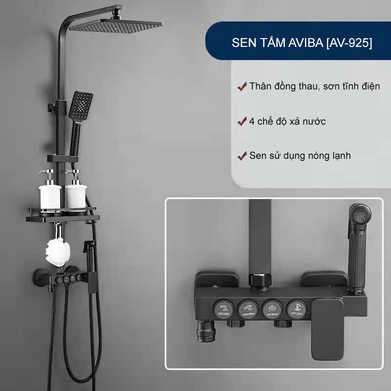 Bộ Vòi Sen Tắm Đứng AVIBA 925 Cao Cấp 4  Chế Độ Xả Nóng Lạnh Có Điều Chỉnh Độ Cao - Màu Đen Sang Trọng, Tiết Kiệm Nước Cho Nhà Tắm