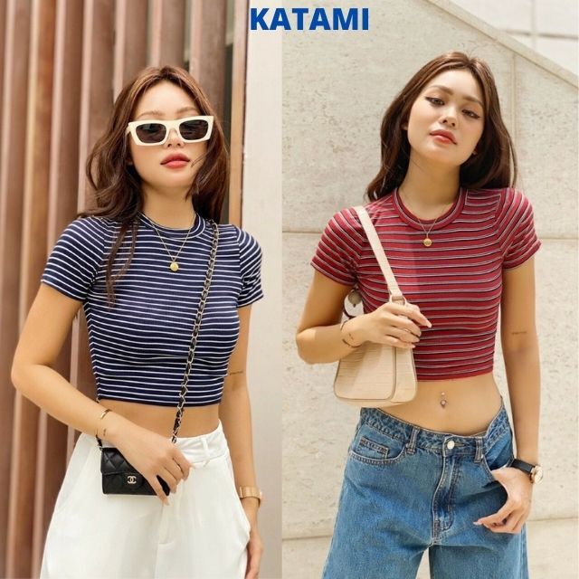 Áo thun nữ croptop sọc kẻ ngang cổ tròn dáng ôm tay ngắn vải thun gân co giãn thoải mái katami AC05