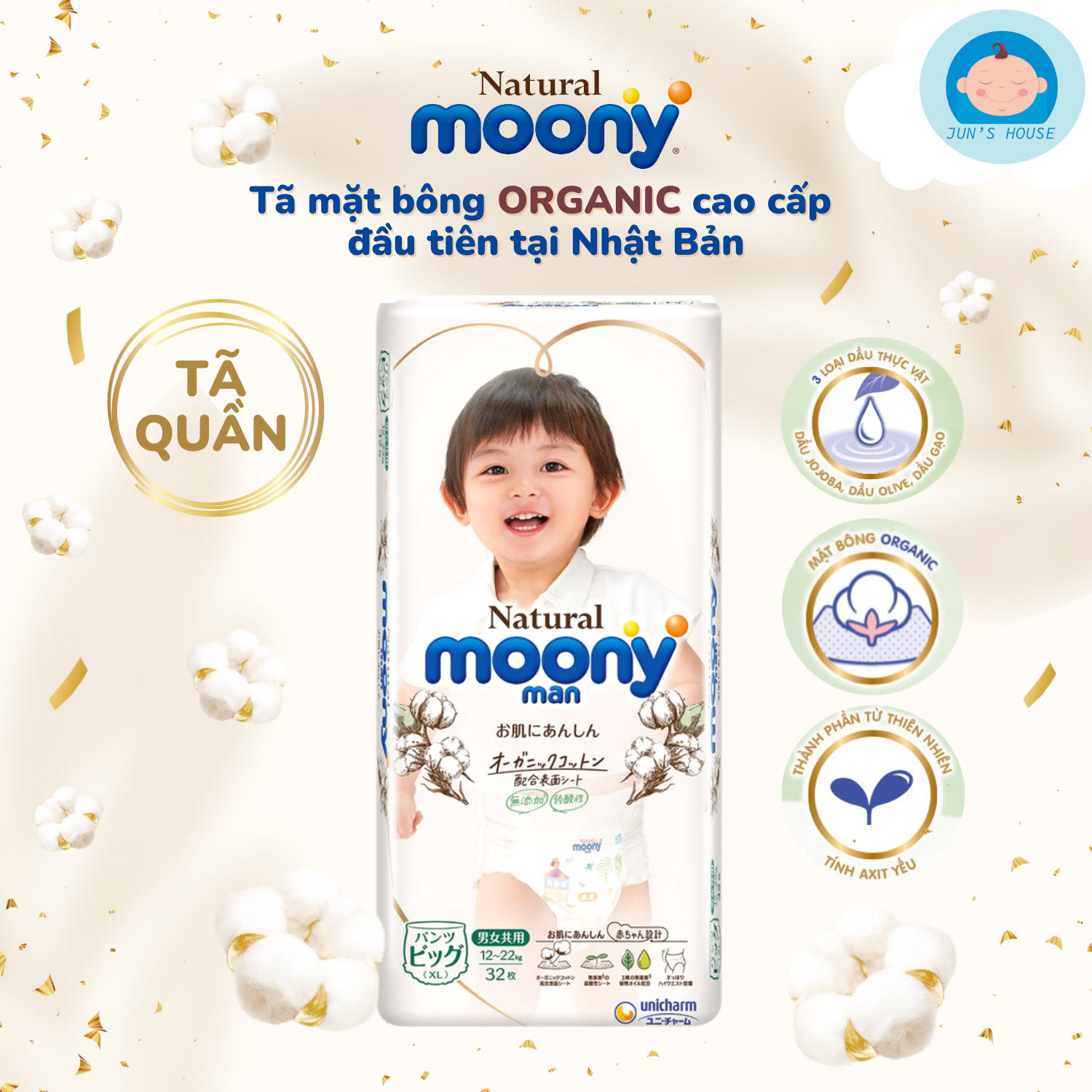 Tã bỉm quần moony natural nội địa nhật m46 l36 xl32
