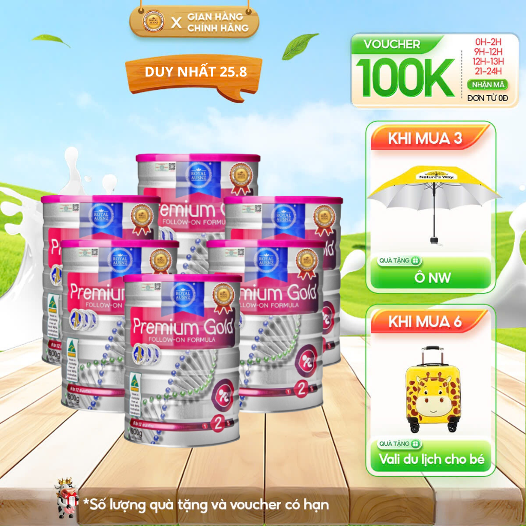Combo 6 hộp sữa bột premium gold số 2 royal ausnz bổ sung vitamin, khoáng chất cho trẻ 900g/hộp