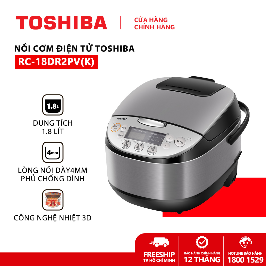 Nồi cơm điện tử Toshiba 1.8 lít RC-18DR2PV(K) -Có xửng hấp, Giữ ấm 12 tiếng, Hẹn giờ 24 tiếng- Hàng chính hãng bảo hành 12 tháng, chất lượng Nhật Bản