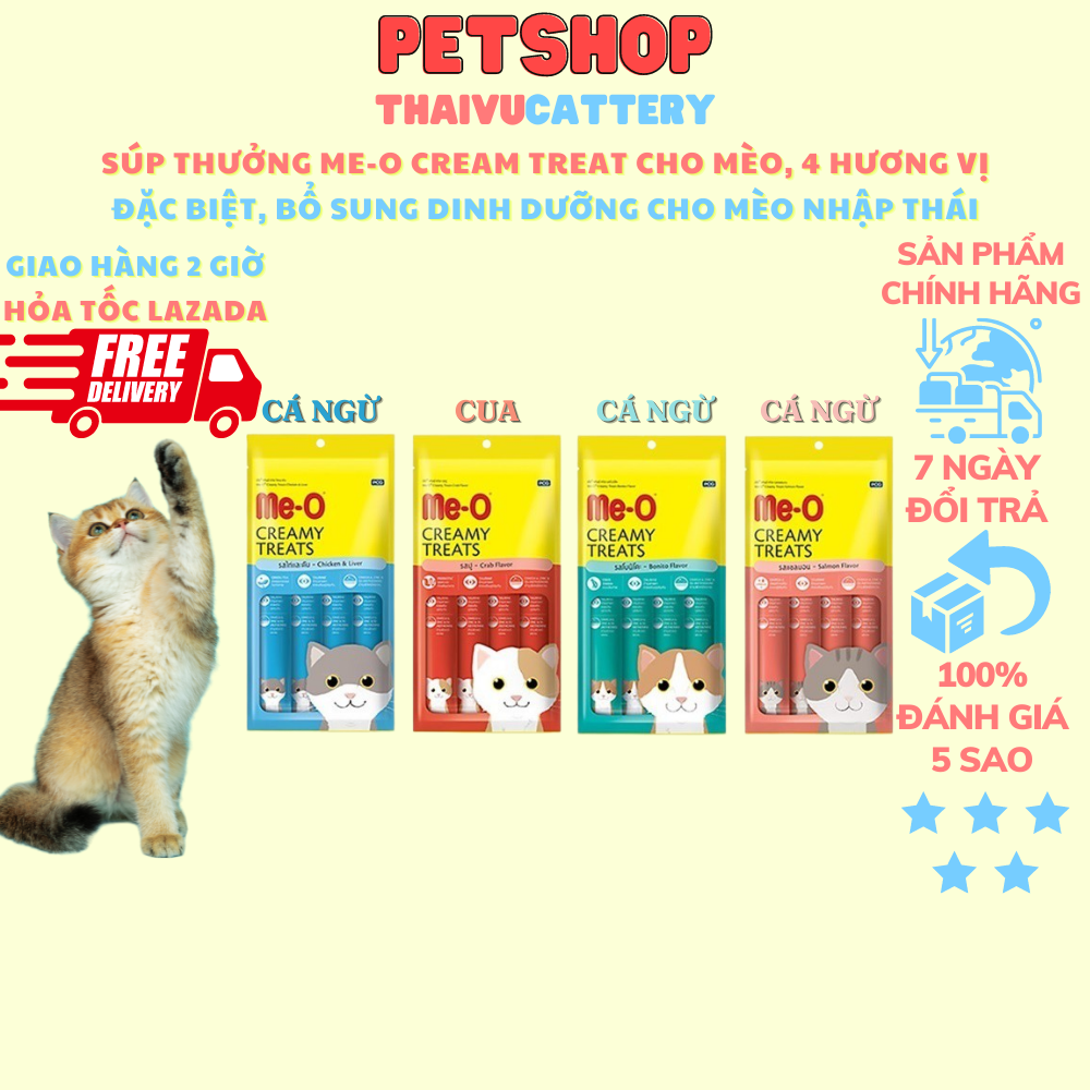 Súp thưởng. ME-O Cream treat cho mèo, 4 hương vị đặc biệt, bổ sung dinh dưỡng cho mèo nhập Thái