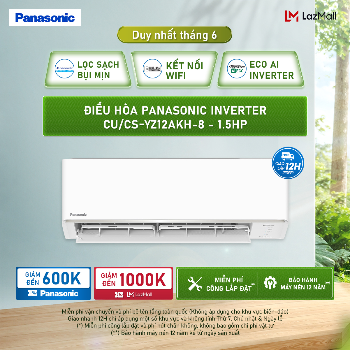 [CHỈ GIAO MIỀN BẮC] [Độc quyền Online] [Chỉ giao miền Bắc] Điều hòa Panasonic Inverter CU/CS-YZ12AKH-8 - 1.5HP - Hai chiều - Eco AI - Lọc không khí bụi mịn tới 99%