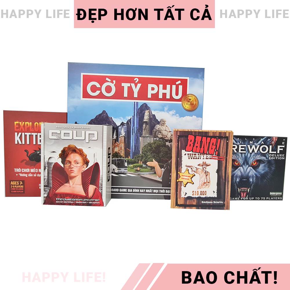 [COMBO 5 IN 1] Bộ trò chơi thẻ bài Cờ tỷ phú + Ma sói + Bang + Coup + Mèo nổ