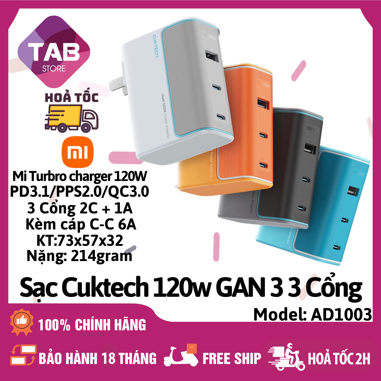 Sạc Cuktech 120w 3 Cổng (2C+1A) Mi turbro 120W PD3.1/PPS2.0/QC AD1003 - Bảo Hành 18 Tháng