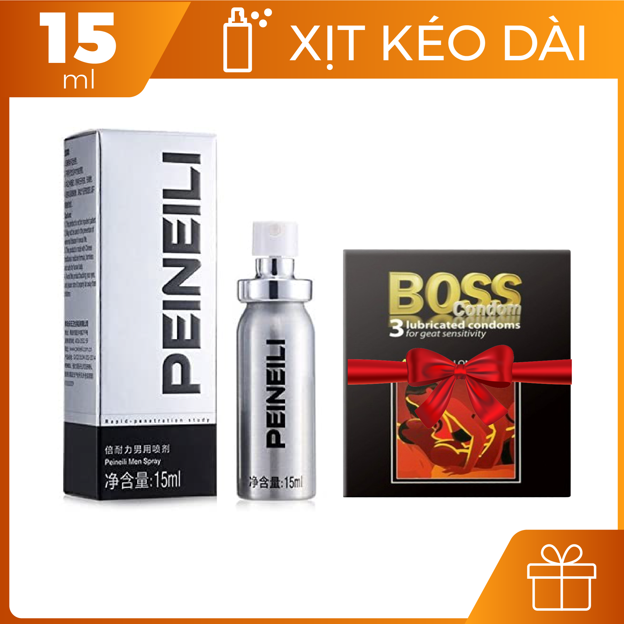 [HCM][HÀNG LOẠI 1][PEINEILI HẤP DẪN]Chai xịt PEINEILI 15ml TẶNG KÈM Bao cao su BOSS 4IN1 loại 3S hỗ trợ kéo dài thời gian Duy trì Hình tượng phái mạnh - 1 Set