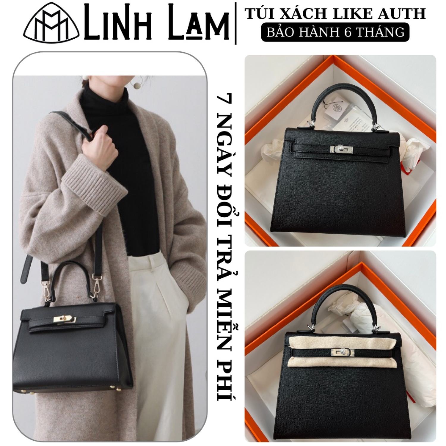 Túi quai xách, túi xách nữ ,Hm kelly Nguyên Bản,dáng sang Sz 25cm,chất liệu da epsom,fullbox,túi vải likeauth