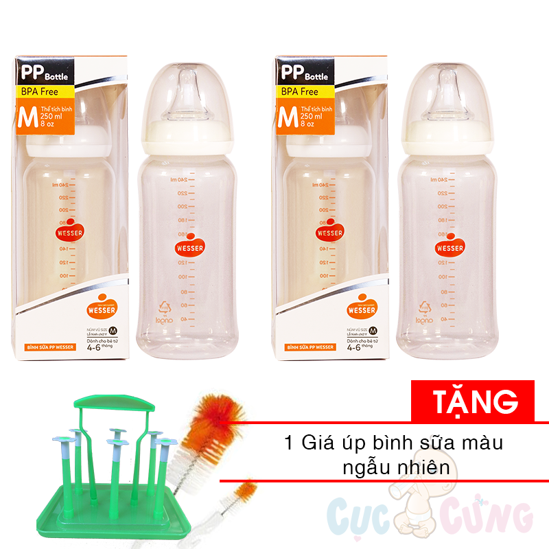 2 Bình sữa Wesser Nano Silver cổ thường 250ml + cọ rửa bình sữa Tặng 1 giá úp bình sữa