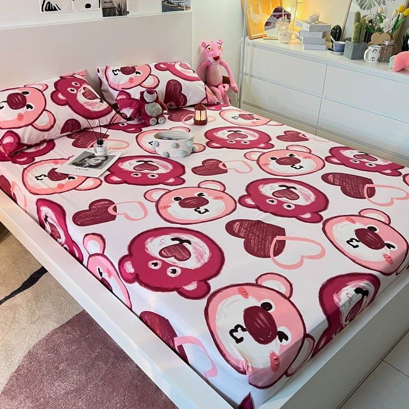 Bộ ga và 2 vỏ gối cotton poly nhập khẩu đủ size mẫu Gấu dâu xịn sò, họa tiết cực đẹp, bộ drap giường gấu dâu