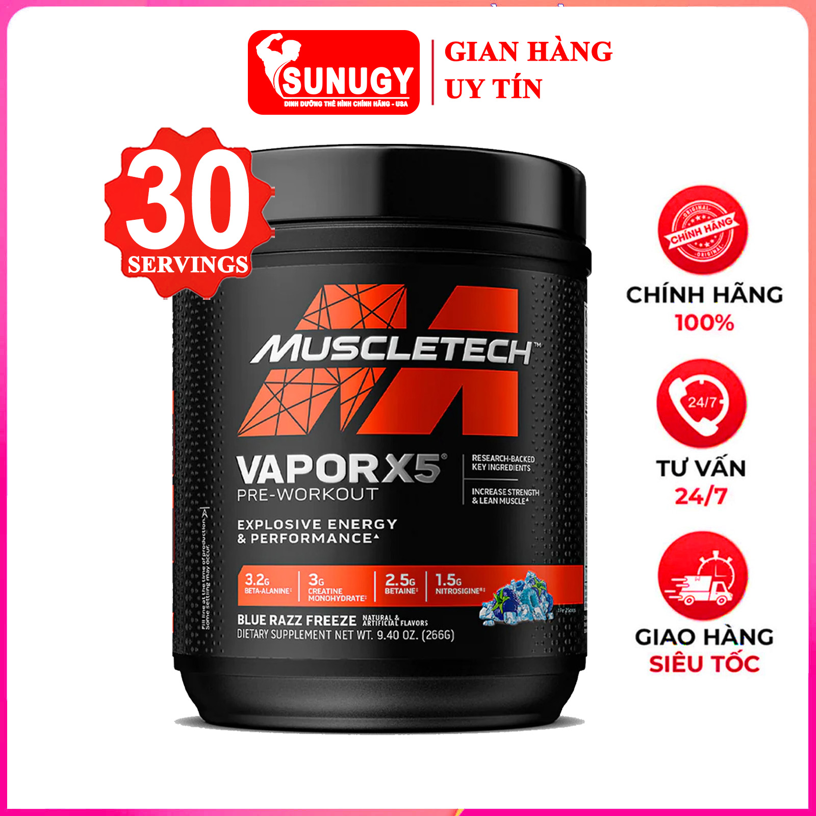 Pre-Workout tăng sức mạnh sức bền trước tập hỗ trợ giảm cân đốt mỡ Vapor X5 của MuscleTech hộp 30 lần dùng cho người tập gym và chơi thể thao - thực phẩm bổ sung