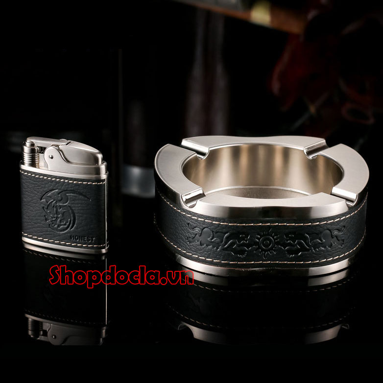 Gạt tàn thuốc kiêm bật lửa để bàn chất liệu kim loại bọc da chính hãng honest trọn bộ 2 món quà tặng ý nghĩa