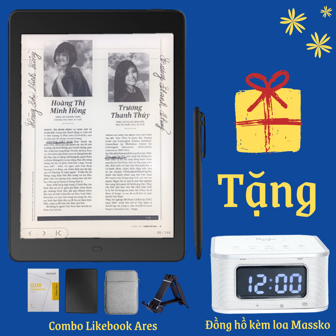 Combo: Máy đọc sách Likebook Ares Note + Bao da + Dán màn hình + Túi chống sốc + Tặng Đồng hồ kèm loa cao cấp Massko
