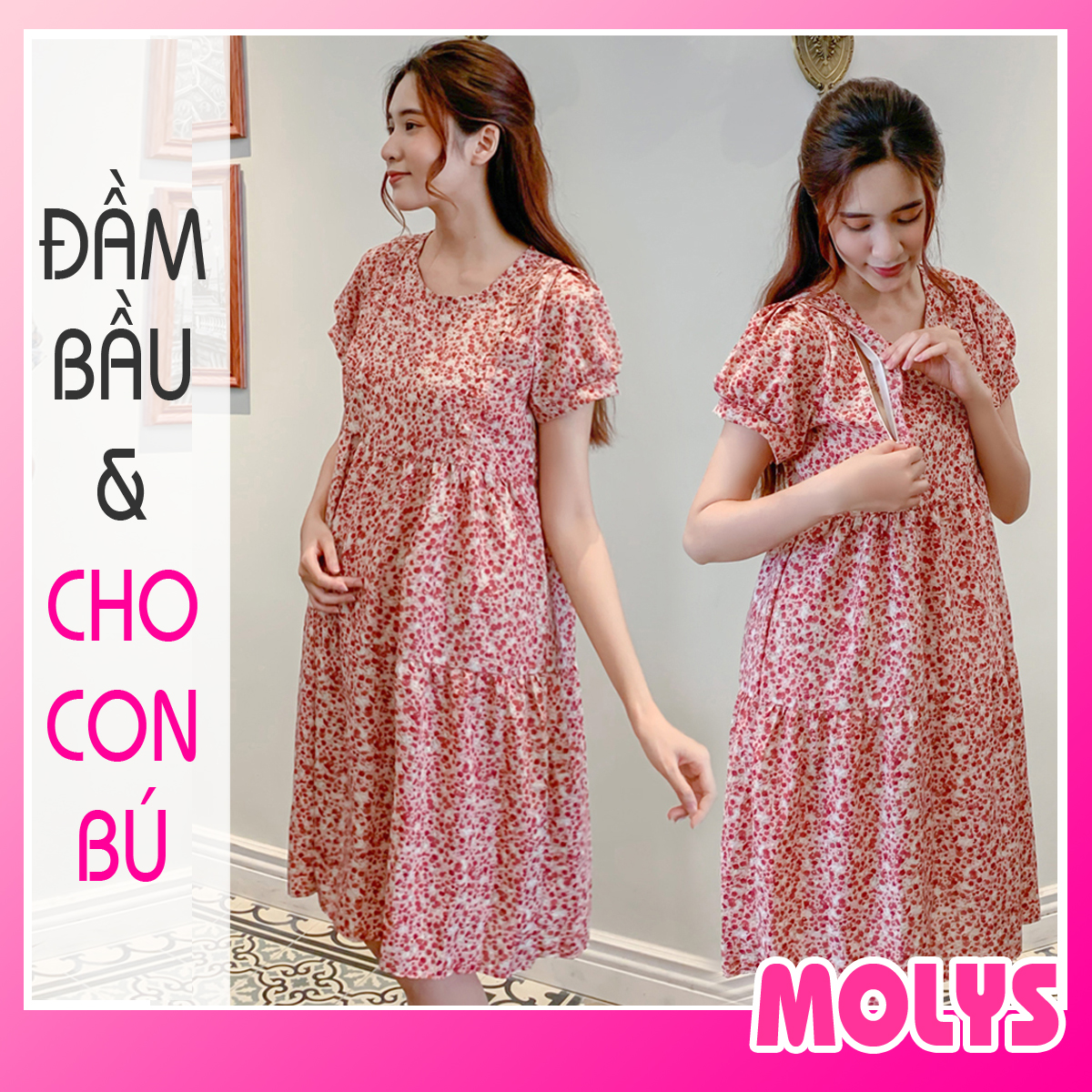 Đầm bầu kết hợp cho con bú M2240 Molys dáng babydoll ba tầng hoa nhí bèo ngực cúc điều chỉnh mặc hết thai kỳ