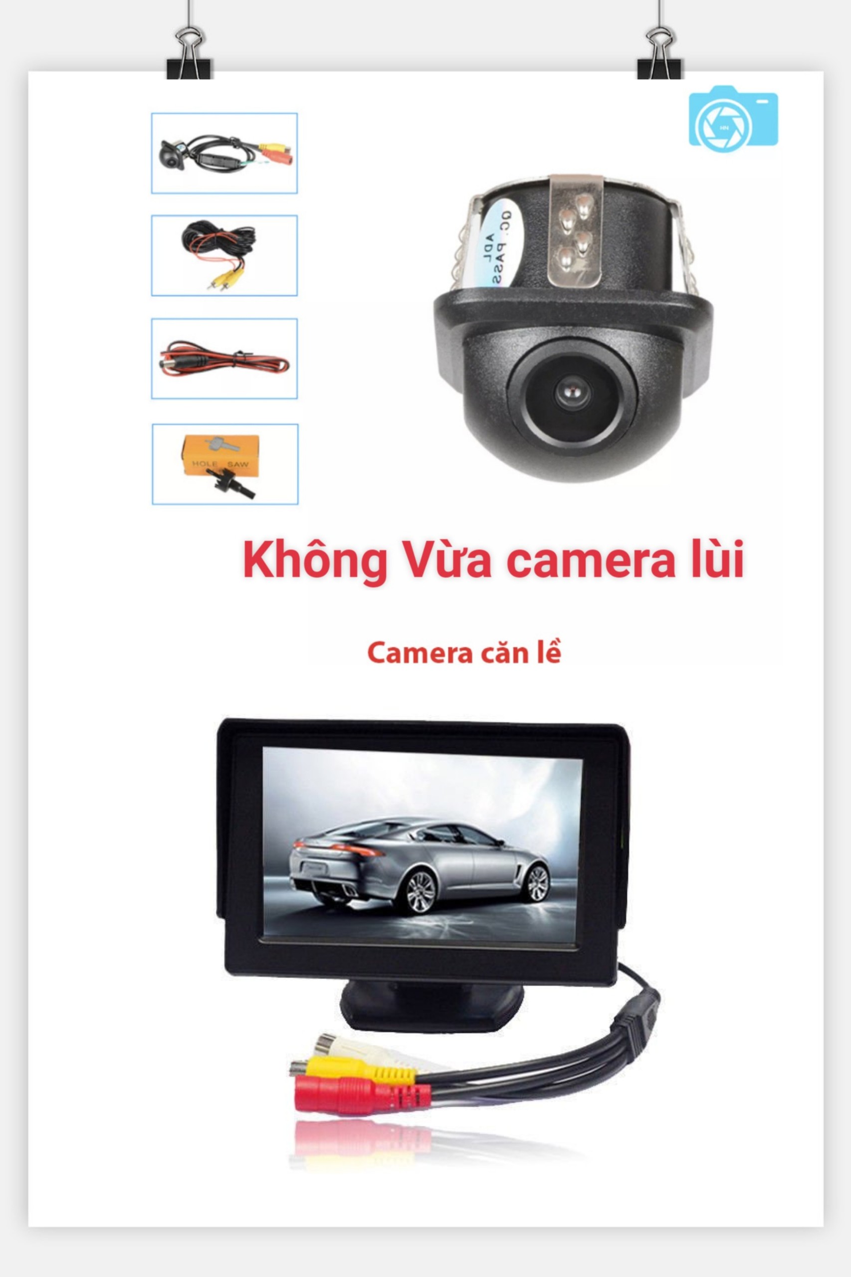Combo camera cặp lề phải + màng hình 4,3 cho xe oto 12v không vừa cam lùi 12v