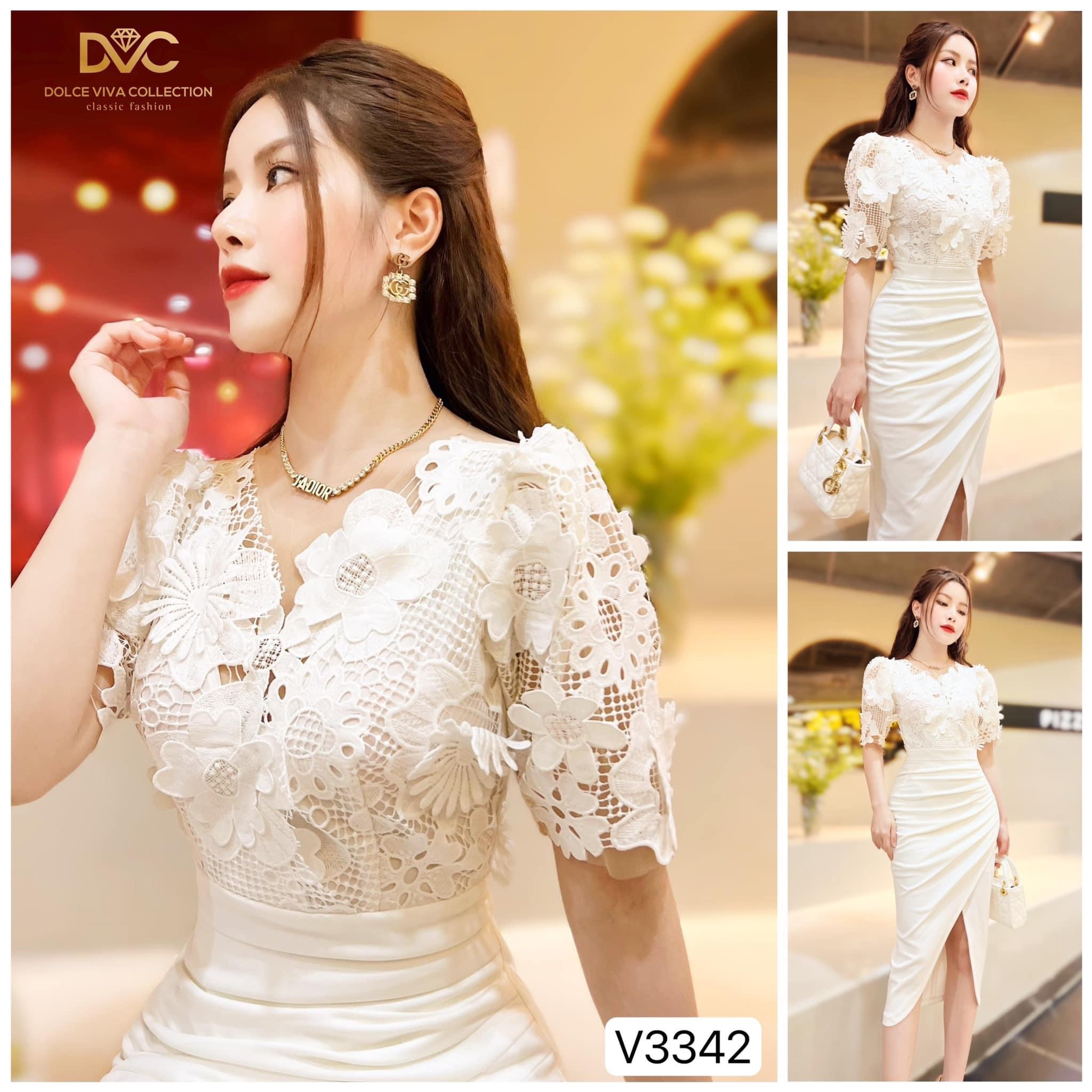 V3342 Váy trắng body phối ren váy đầm trắng body nhún eo dự tiệc