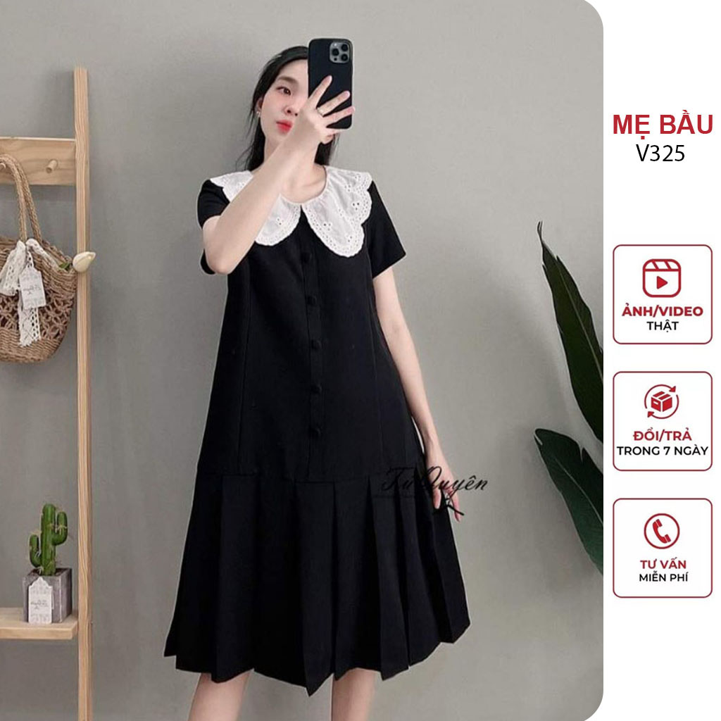 Đầm váy bầu công sở mùa hè cổ sơ mi dáng suông đuôi cá xếp ly suông dài đẹp - đầm bầu babydoll freesize
